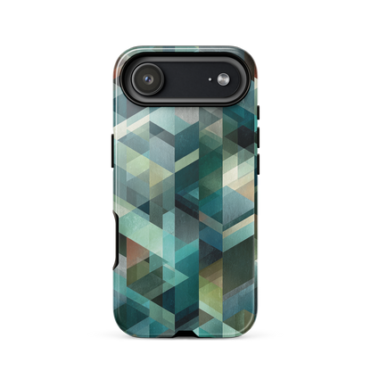 Modern abstract geometric phone case in teal and blue tones with layered retro-inspired shapes.