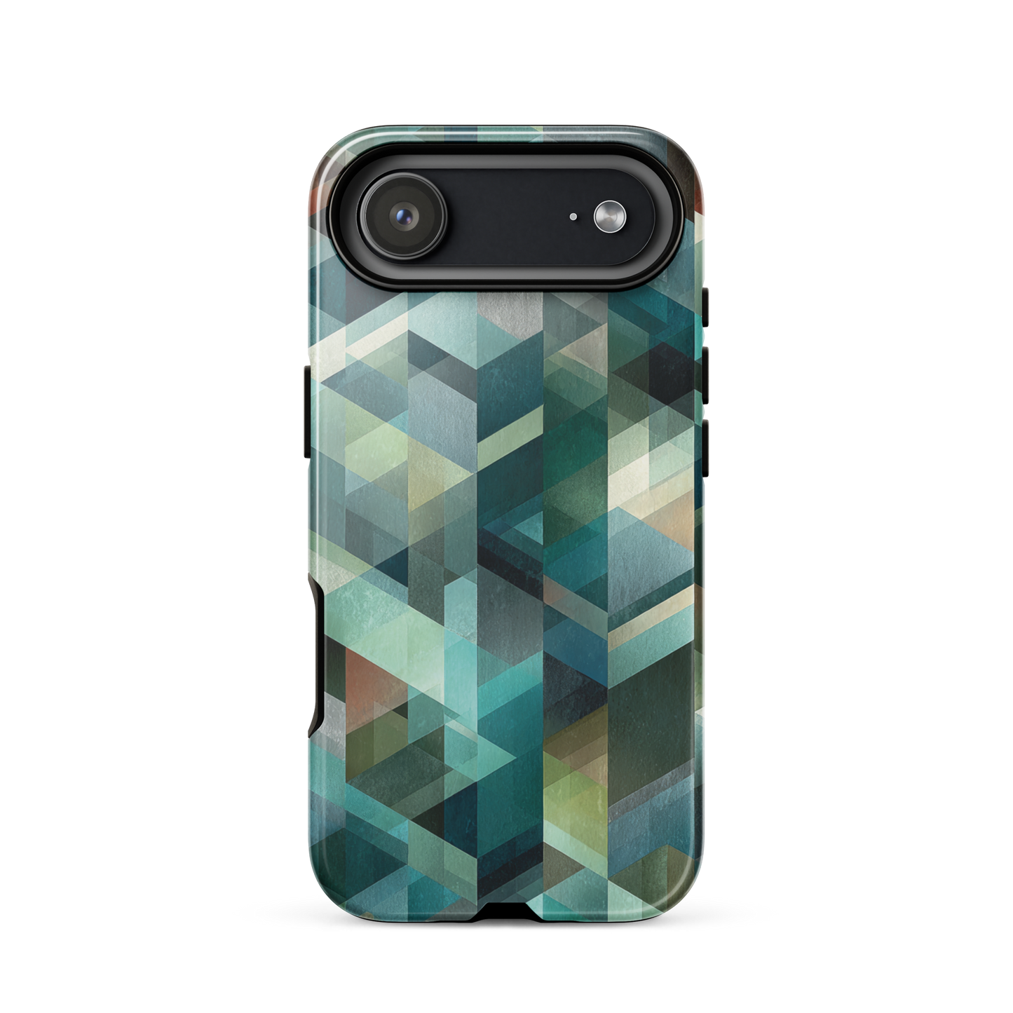 Modern abstract geometric phone case in teal and blue tones with layered retro-inspired shapes.