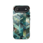 Modern abstract geometric phone case in teal and blue tones with layered retro-inspired shapes.