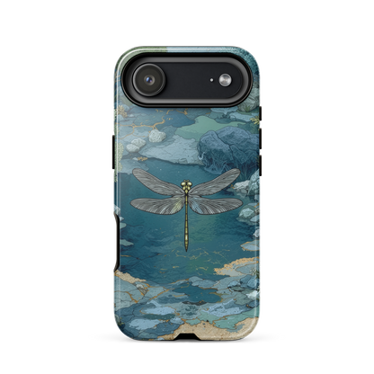 Nature-inspired phone case featuring a dragonfly over calm water with blue and green forest tones.