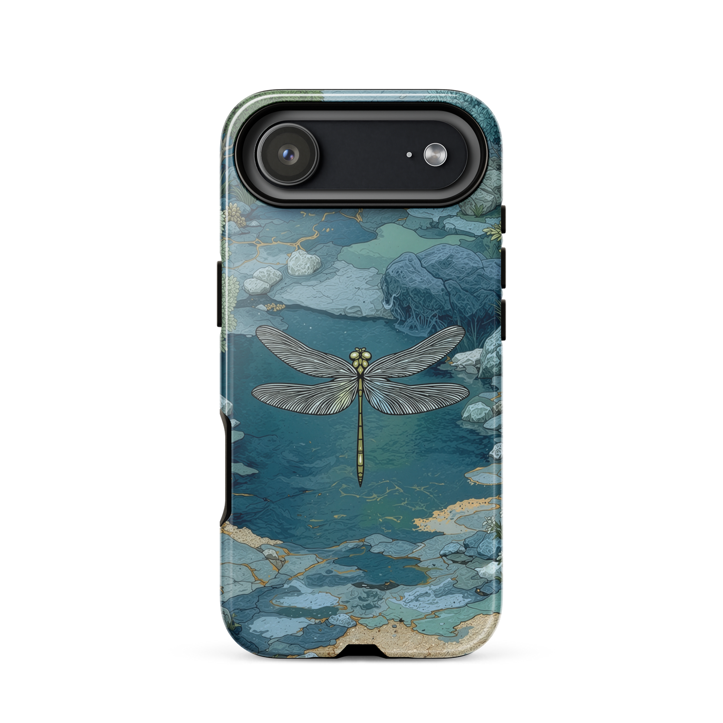 Nature-inspired phone case featuring a dragonfly over calm water with blue and green forest tones.