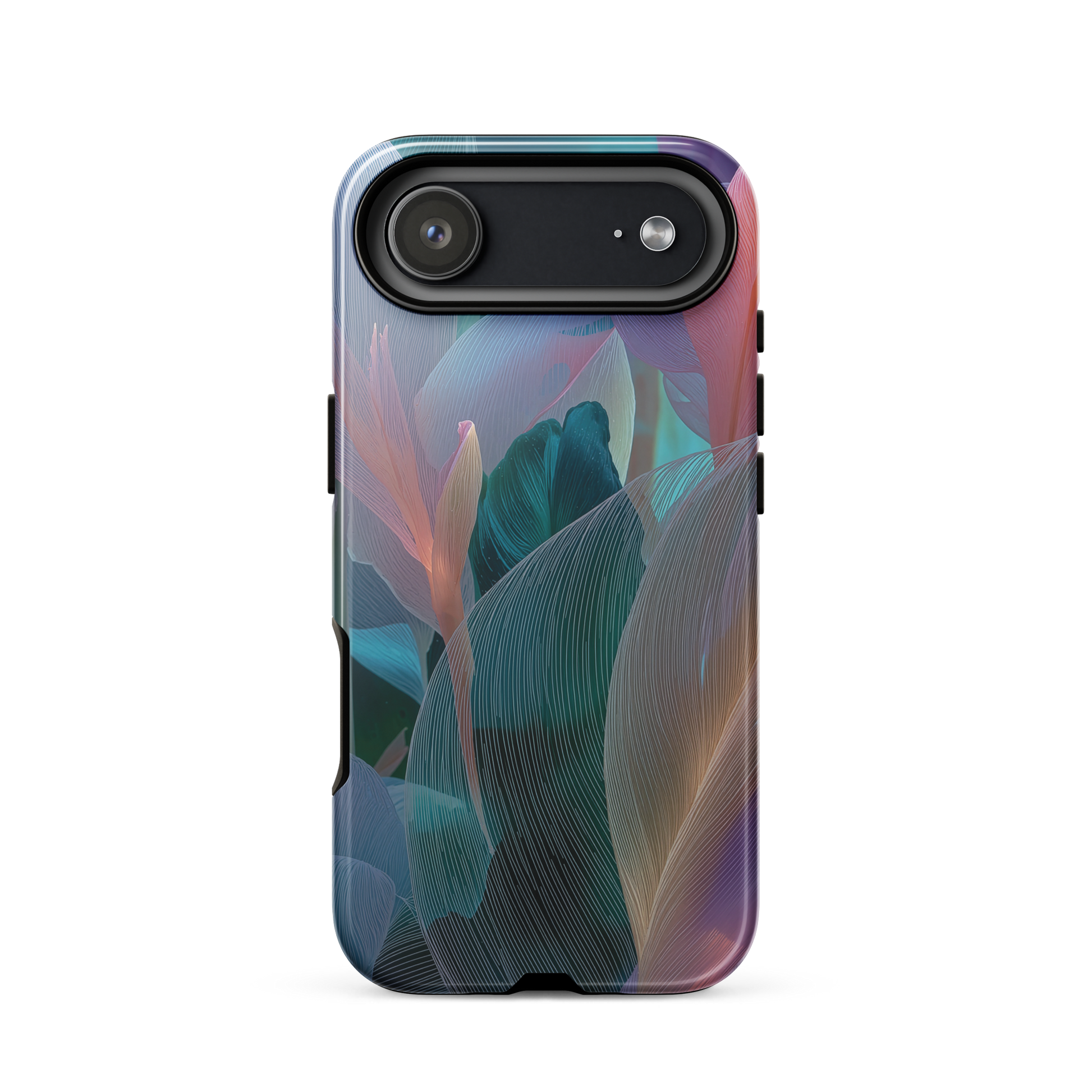 Abstract pastel botanical designer phone case in pink, lilac and teal tones with soft flowing floral textures