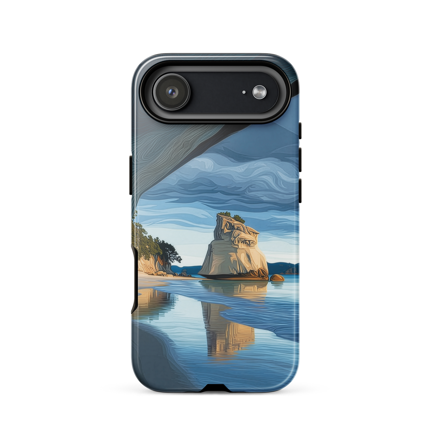 Artistic Cathedral Cove coastal designer phone case with arch rock, blue ocean and golden cliffs