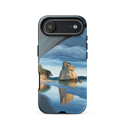Artistic Cathedral Cove coastal designer phone case with arch rock, blue ocean and golden cliffs