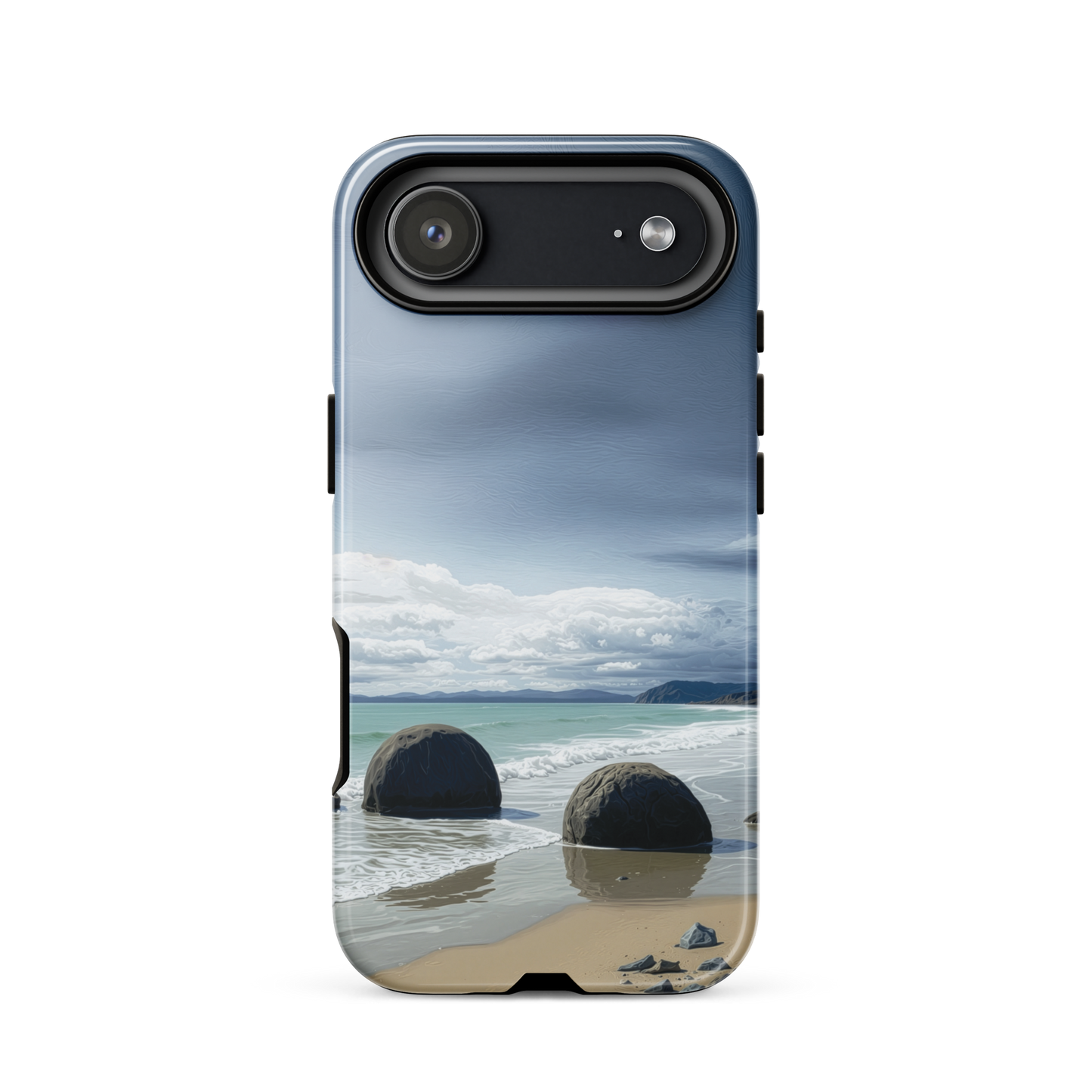Moeraki Boulders coastal designer phone case with ocean waves and dramatic NZ sky