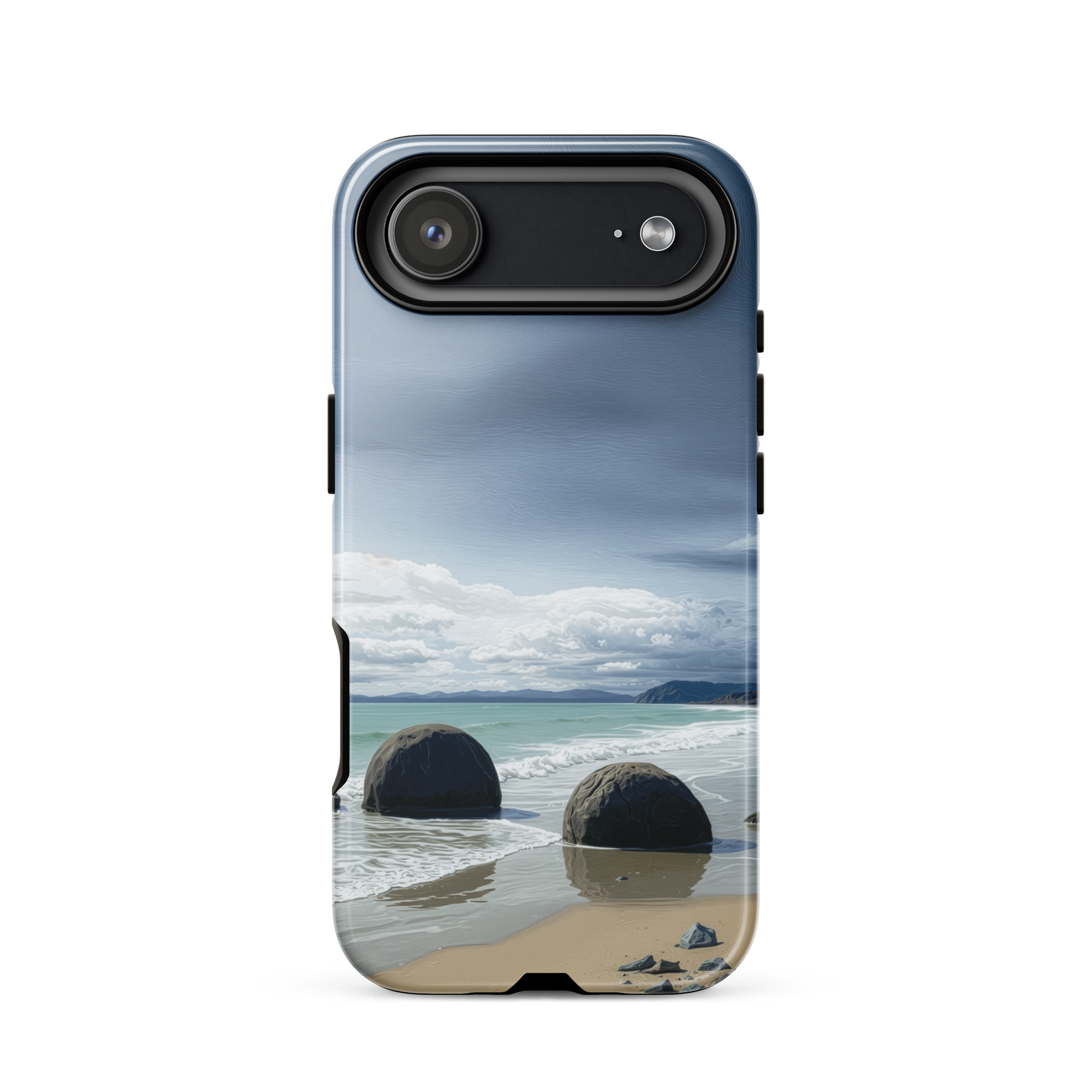 Moeraki Boulders coastal designer phone case with ocean waves and dramatic NZ sky