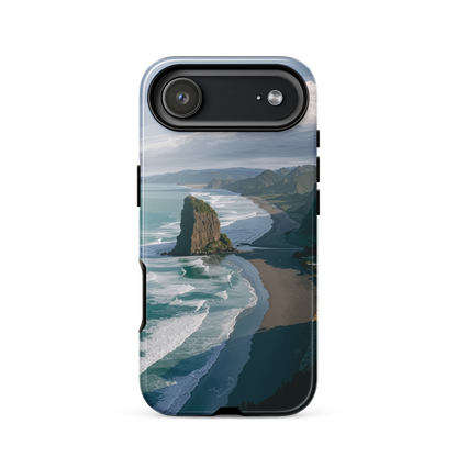 Piha Beach Lion Rock designer phone case with turquoise waves and dramatic NZ coastline