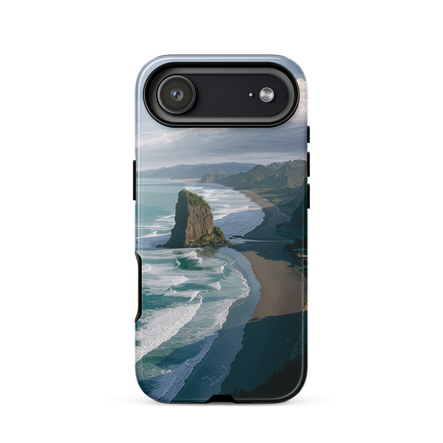 Piha Beach Lion Rock designer phone case with turquoise waves and dramatic NZ coastline