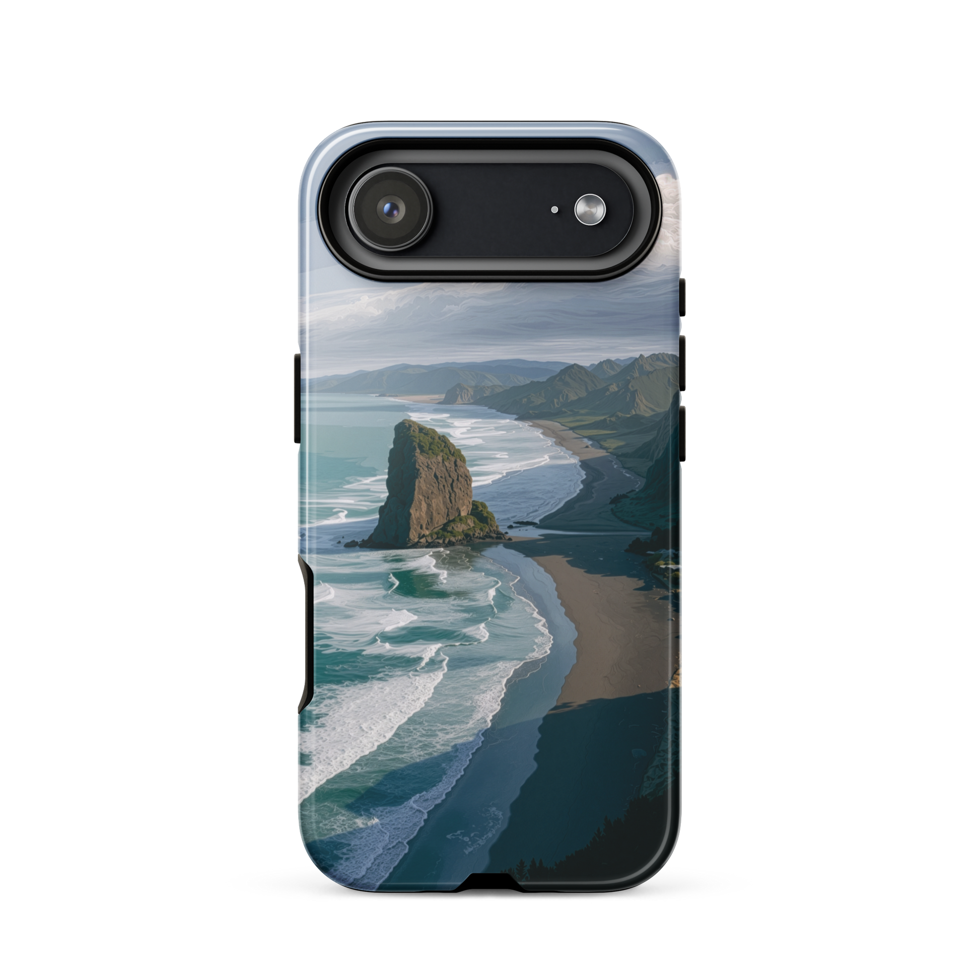 Piha Beach Lion Rock designer phone case with turquoise waves and dramatic NZ coastline