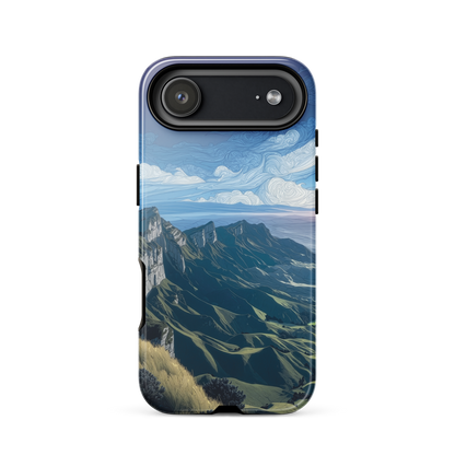 Te Mata Peak designer phone case with Hawke’s Bay cliffs, rolling green hills and dramatic swirling sky