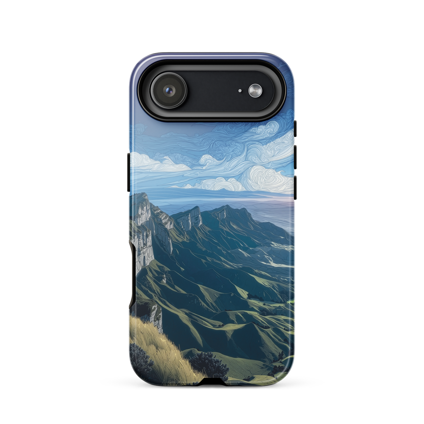 Te Mata Peak designer phone case with Hawke’s Bay cliffs, rolling green hills and dramatic swirling sky