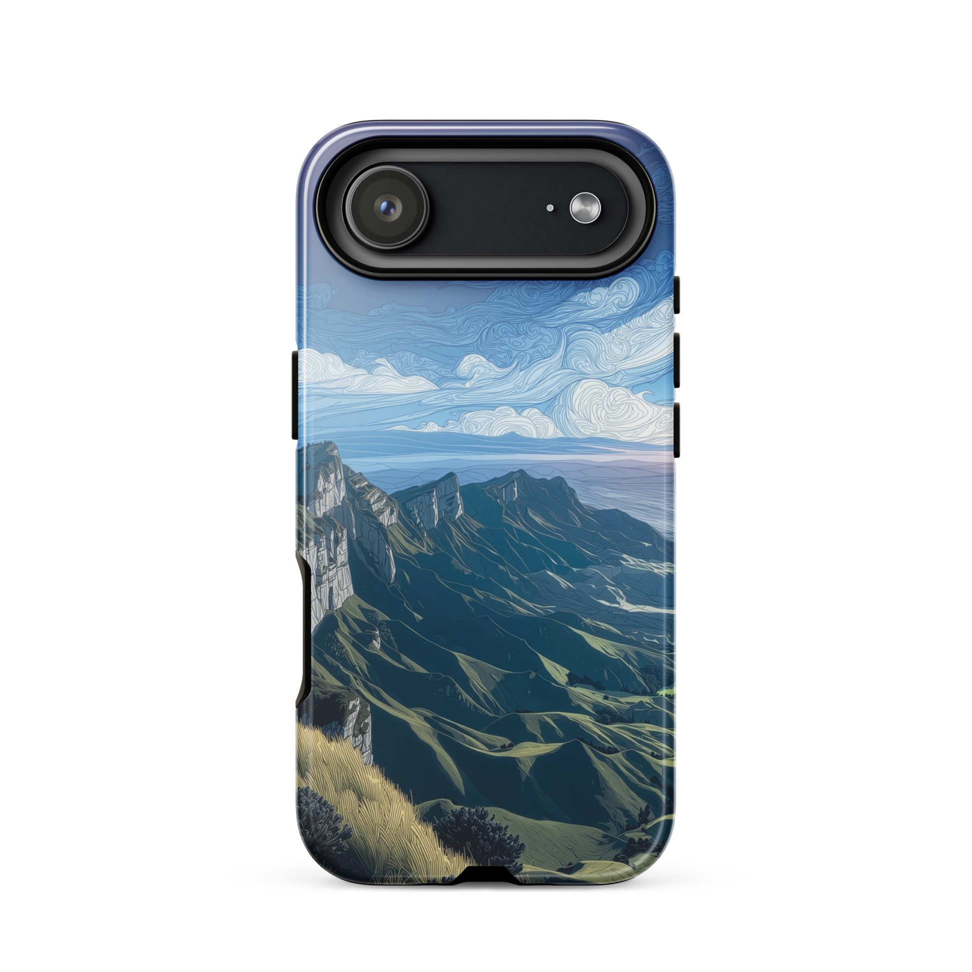 Te Mata Peak designer phone case with Hawke’s Bay cliffs, rolling green hills and dramatic swirling sky