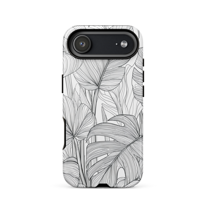 Minimal black and white tropical leaf designer phone case with detailed botanical line art