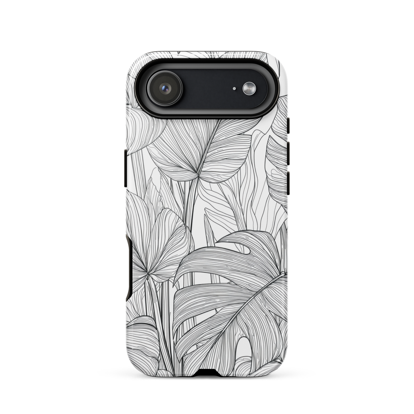 Minimal black and white tropical leaf designer phone case with detailed botanical line art