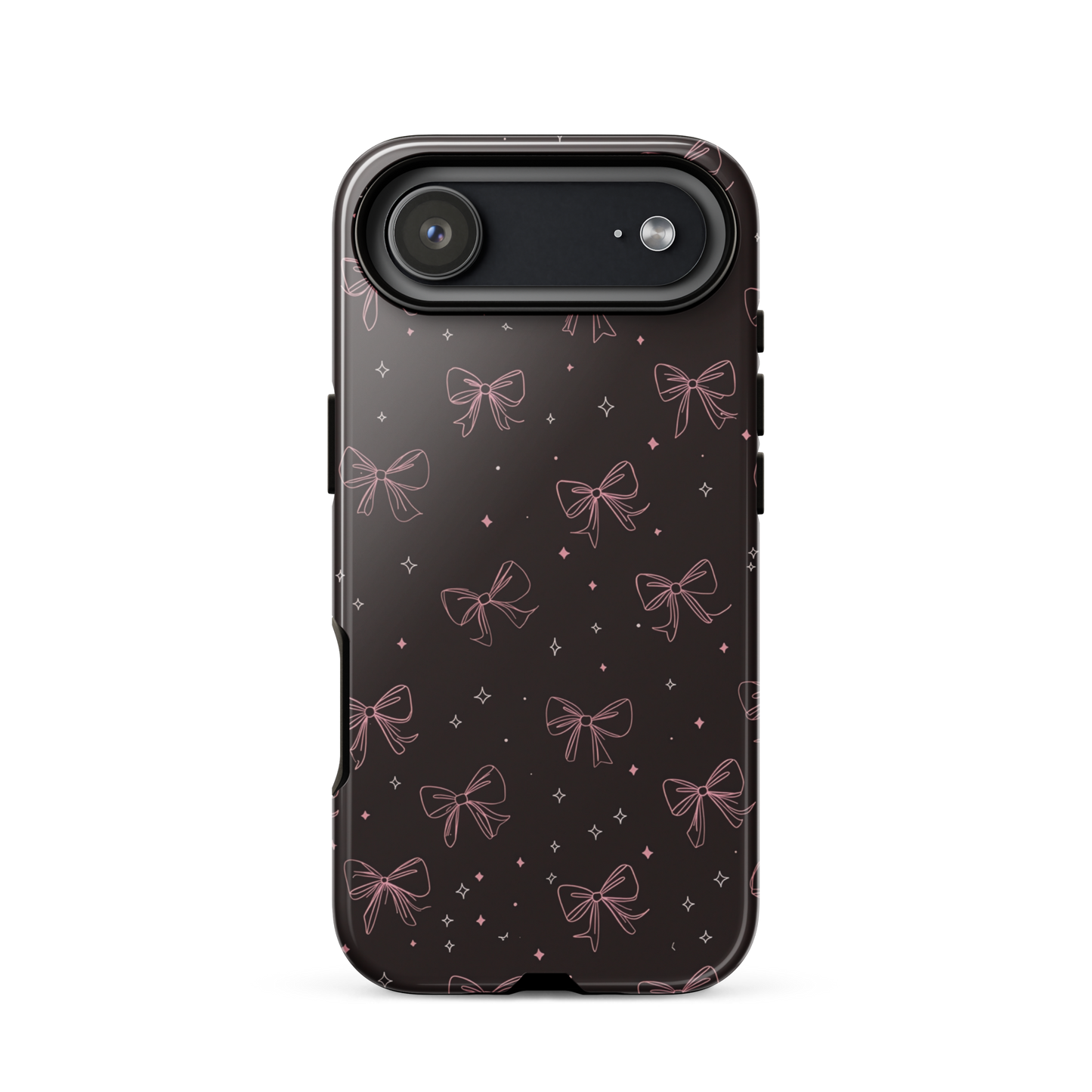 Midnight Bow seamless repeat pattern — pink hand-drawn ribbon bows and sparkle stars on a black background