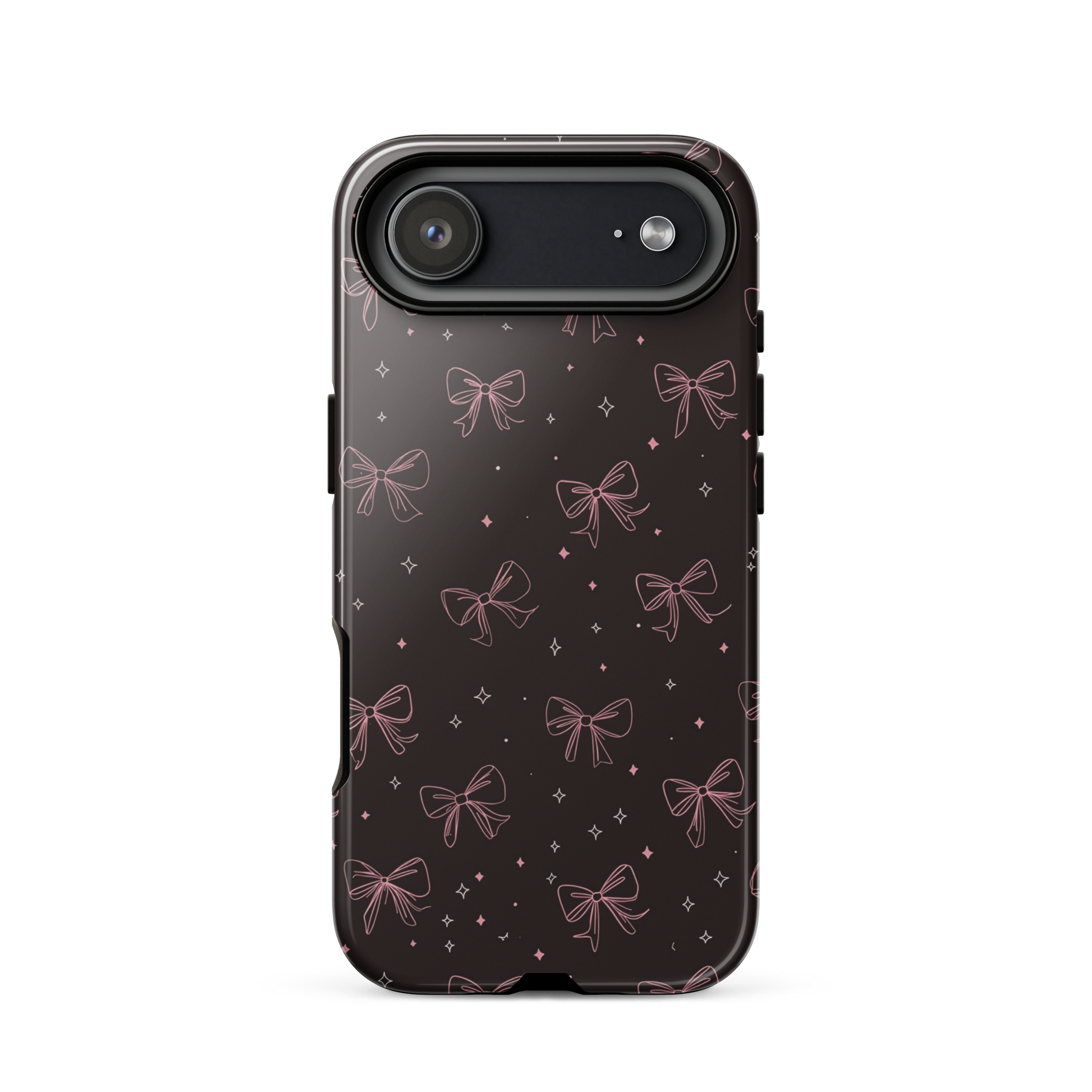 Midnight Bow seamless repeat pattern — pink hand-drawn ribbon bows and sparkle stars on a black background