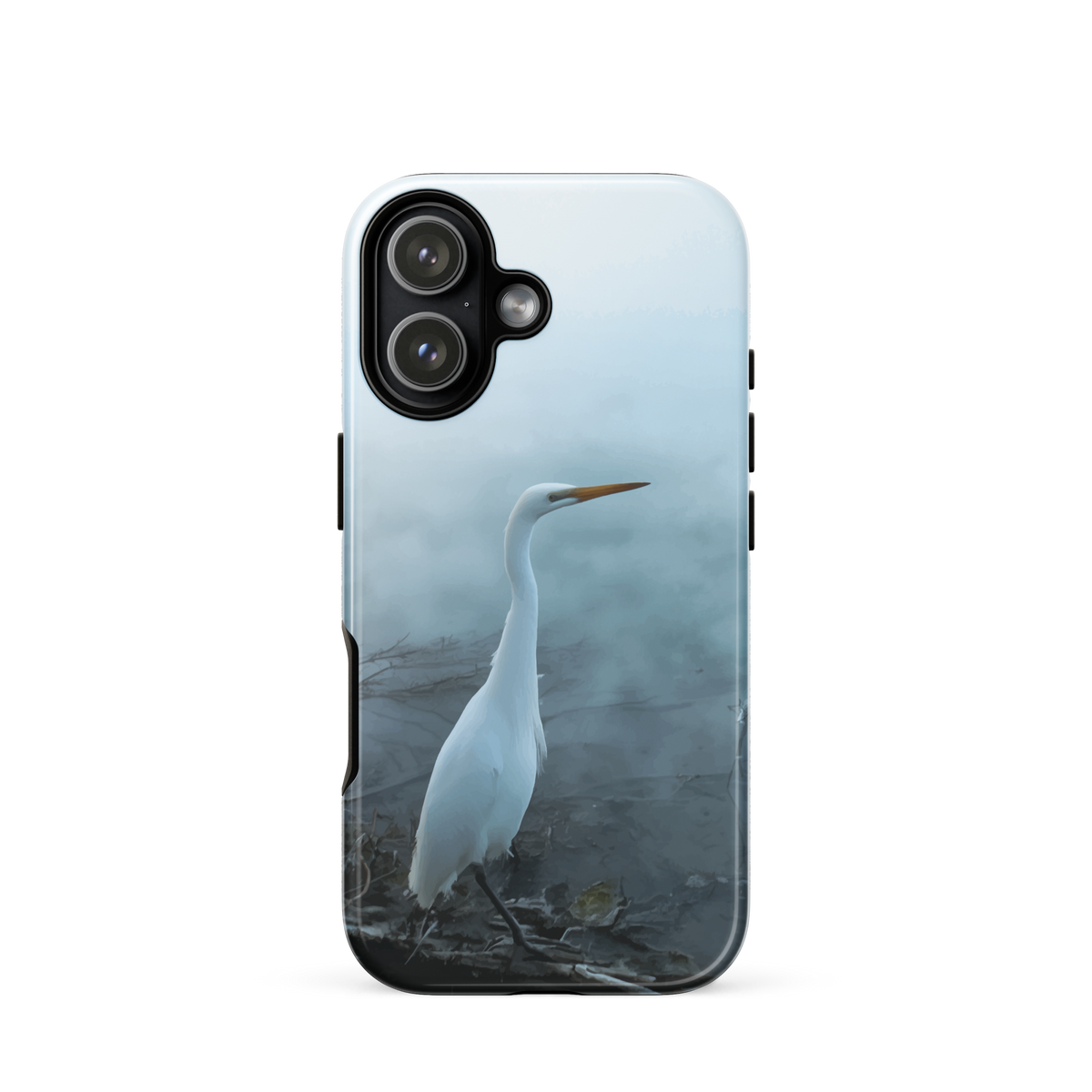 'White Heron in the mist' iPhone 17 tough phone case - protective glossy case NZ Australia