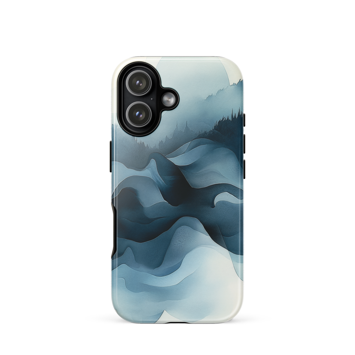 A calming abstract landscape protective phone case inspired by quiet valleys and soft blue tones.