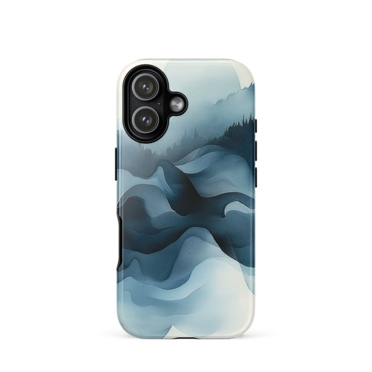 A calming abstract landscape protective phone case inspired by quiet valleys and soft blue tones.