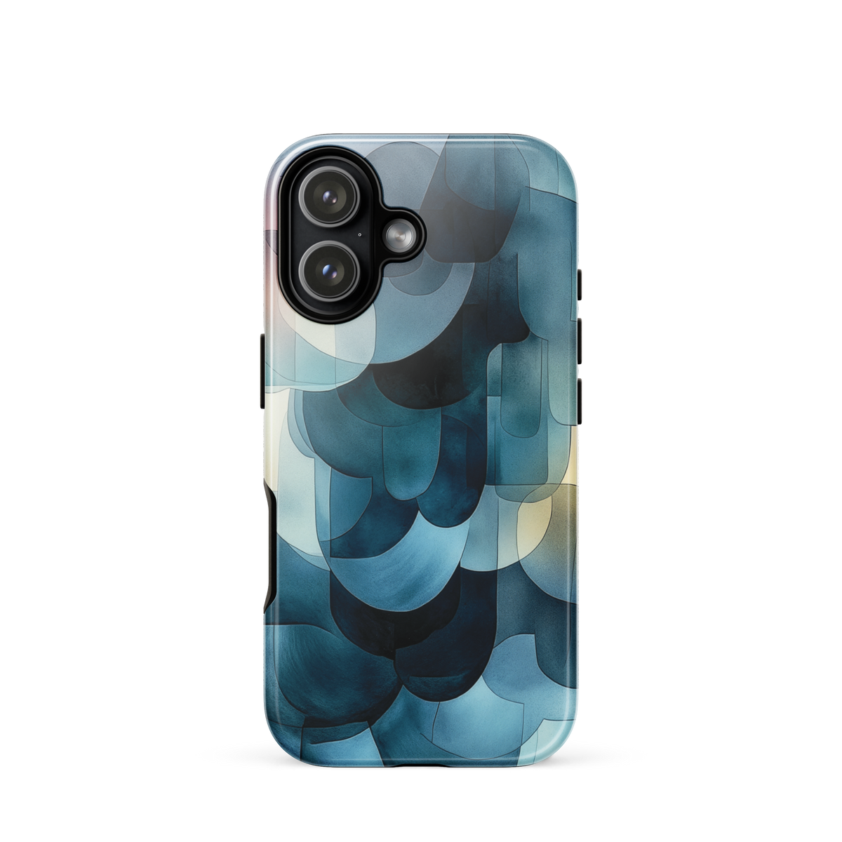 A modern abstract phone case featuring layered blue forms and soft flowing shapes.