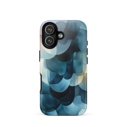 A modern abstract phone case featuring layered blue forms and soft flowing shapes.