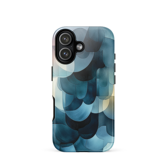 A modern abstract phone case featuring layered blue forms and soft flowing shapes.
