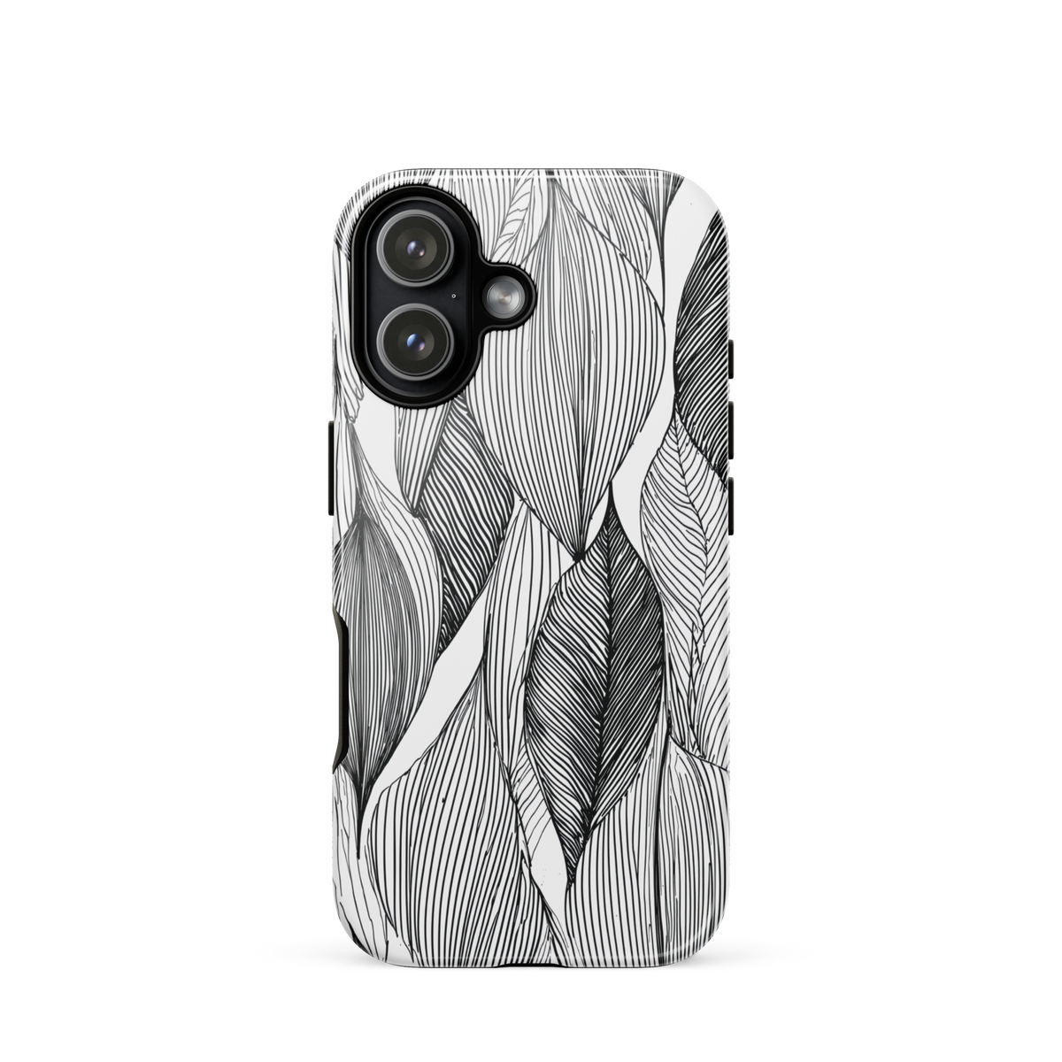 A minimalist phone case featuring fine black botanical linework in a repeating leaf pattern.