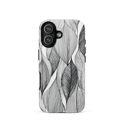 A minimalist phone case featuring fine black botanical linework in a repeating leaf pattern.