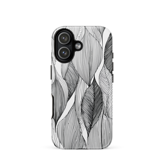 A minimalist phone case featuring fine black botanical linework in a repeating leaf pattern.
