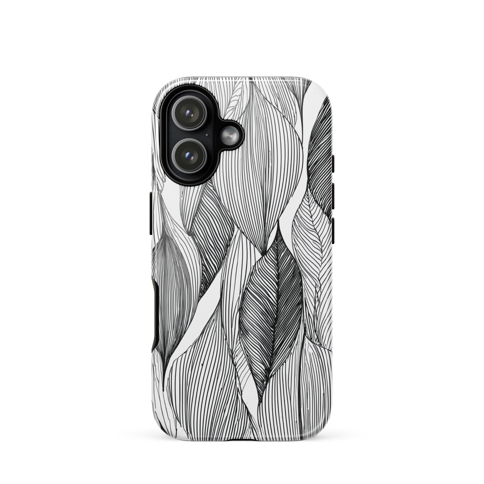 A minimalist phone case featuring fine black botanical linework in a repeating leaf pattern.