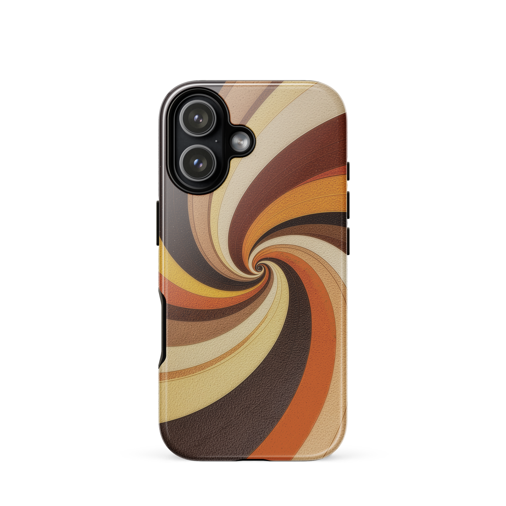 A retro-inspired phone case featuring warm swirling patterns in orange, yellow, and brown tones.