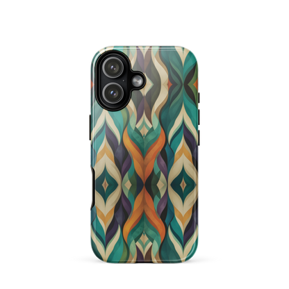 A bold geometric phone case featuring layered shapes in rich, earthy tones.