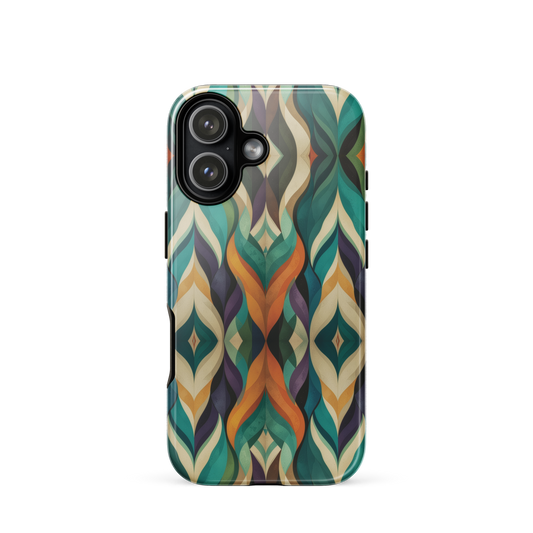 A bold geometric phone case featuring layered shapes in rich, earthy tones.