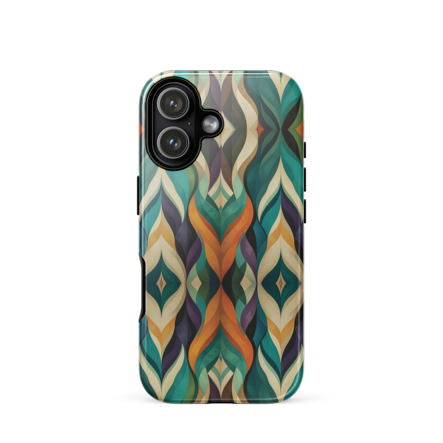 A bold geometric phone case featuring layered shapes in rich, earthy tones.