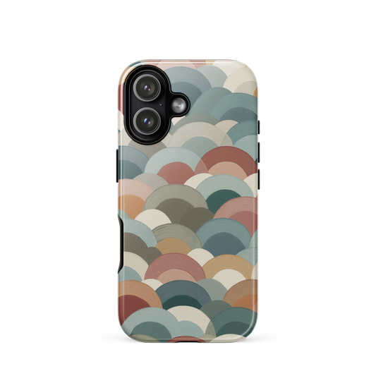 A soft retro-inspired phone case featuring layered arc shapes in warm, earthy tones.