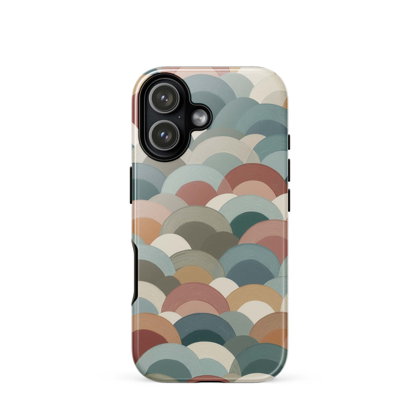 A soft retro-inspired phone case featuring layered arc shapes in warm, earthy tones.