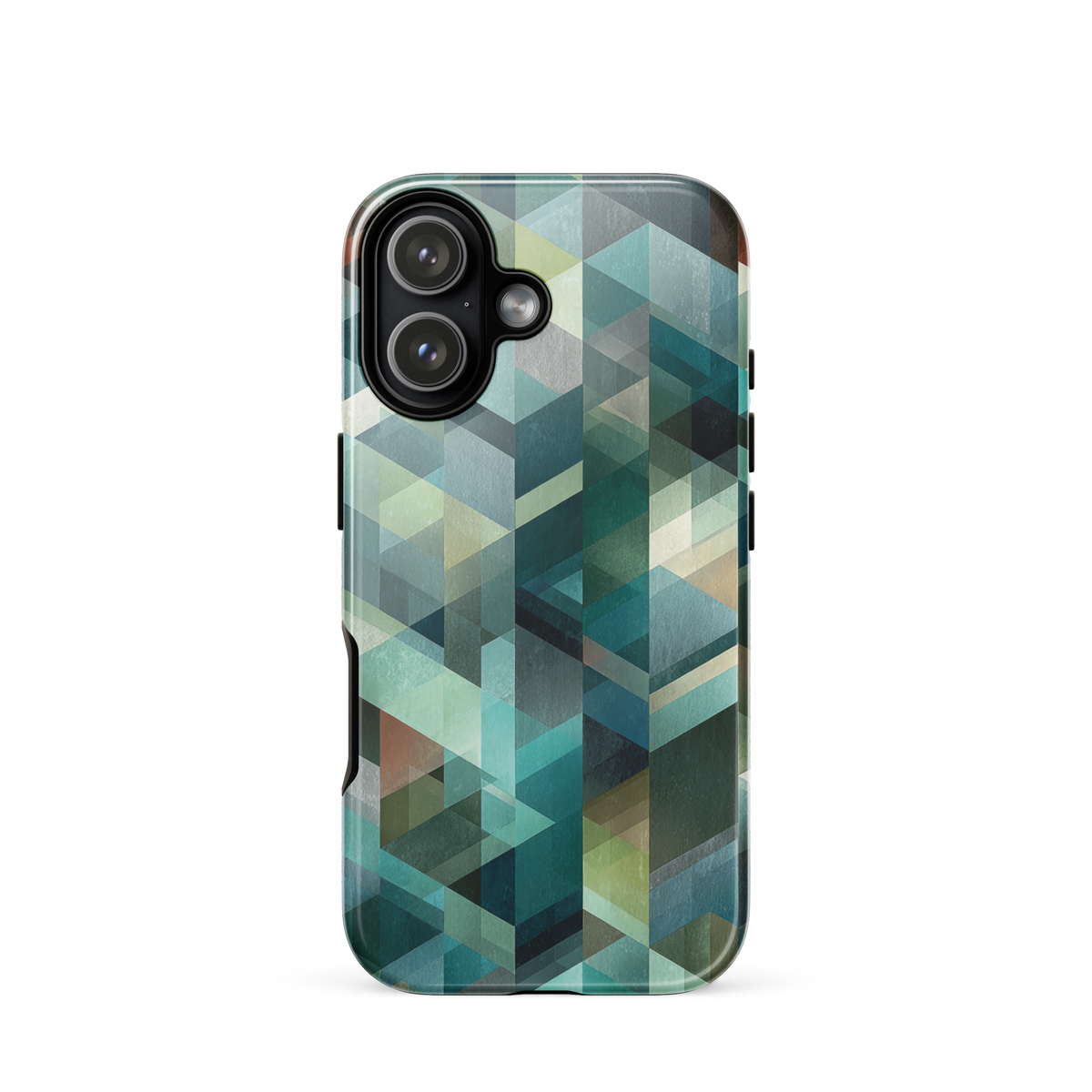 Modern abstract geometric phone case in teal and blue tones with layered retro-inspired shapes.