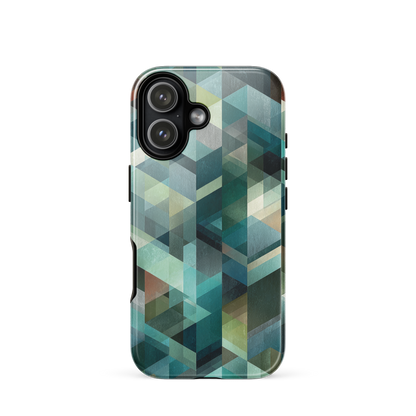 Modern abstract geometric phone case in teal and blue tones with layered retro-inspired shapes.