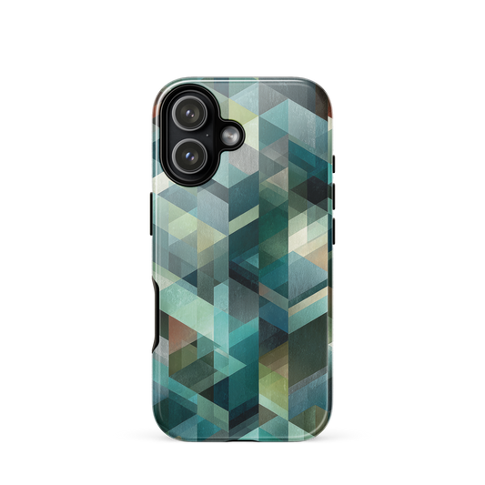 Modern abstract geometric phone case in teal and blue tones with layered retro-inspired shapes.