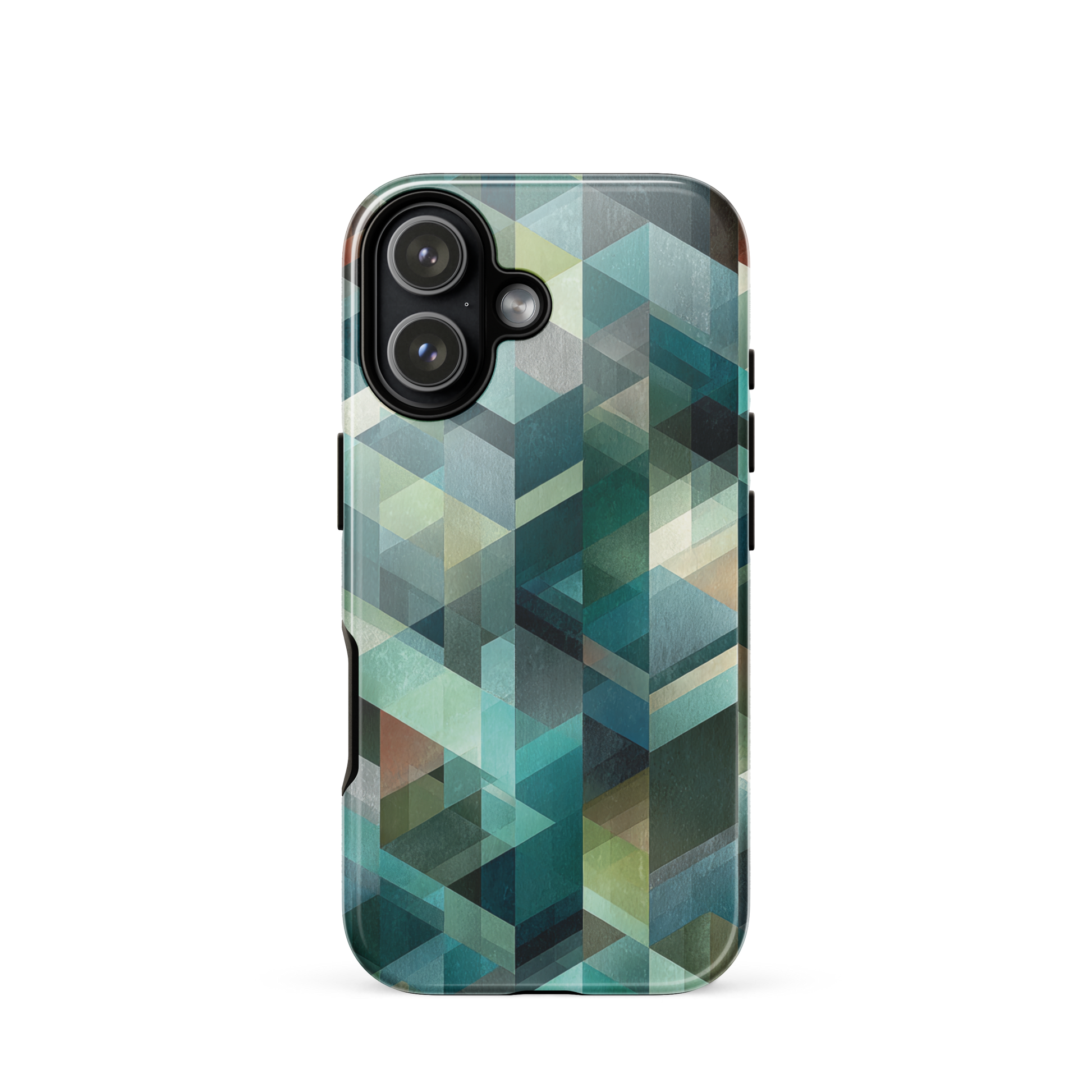 Modern abstract geometric phone case in teal and blue tones with layered retro-inspired shapes.