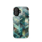 Modern abstract geometric phone case in teal and blue tones with layered retro-inspired shapes.
