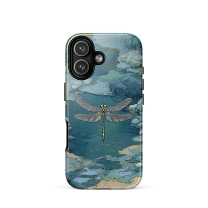 Nature-inspired phone case featuring a dragonfly over calm water with blue and green forest tones.