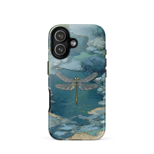 Nature-inspired phone case featuring a dragonfly over calm water with blue and green forest tones.