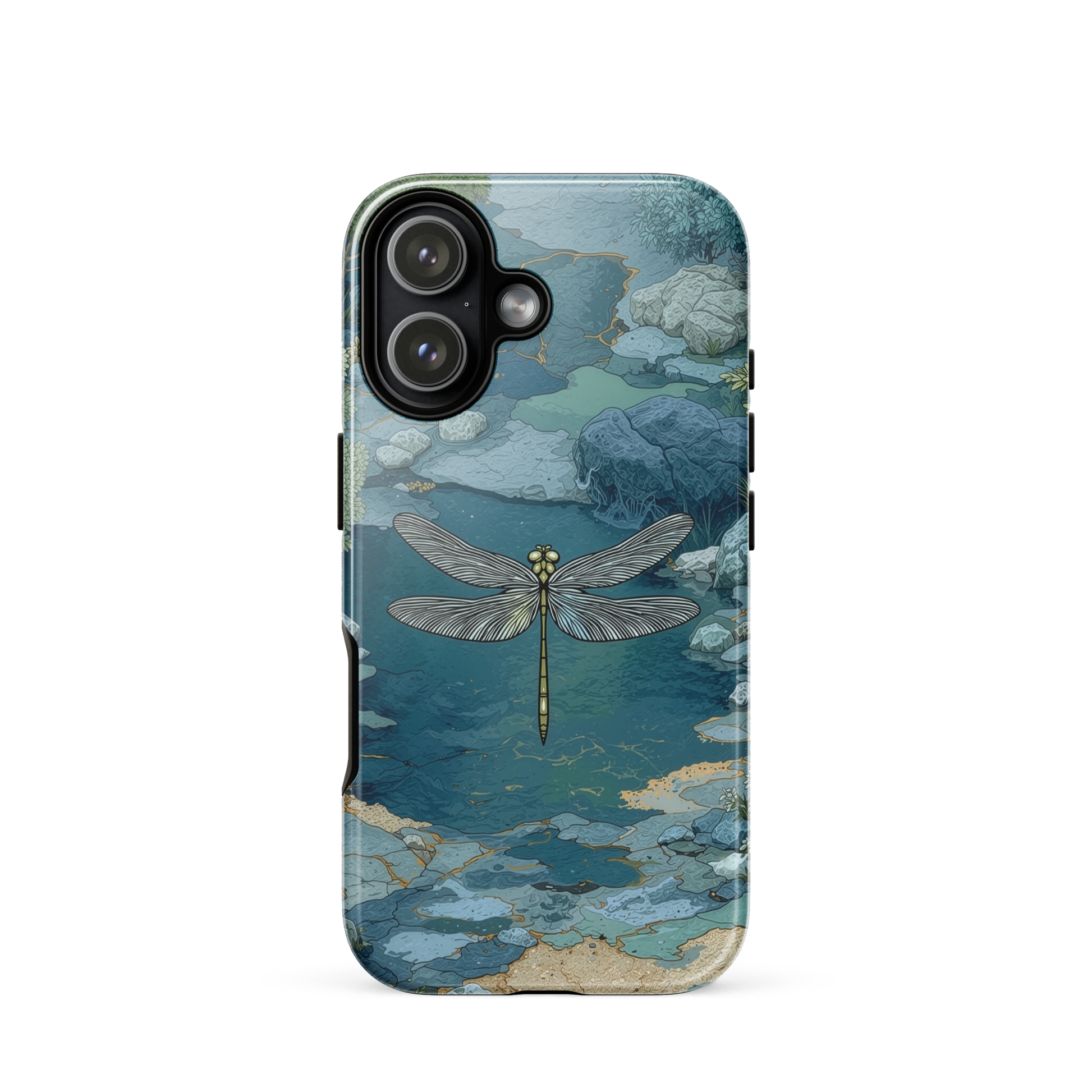 Nature-inspired phone case featuring a dragonfly over calm water with blue and green forest tones.
