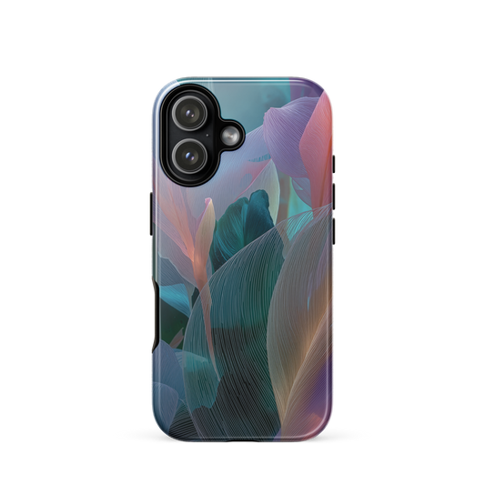 Abstract pastel botanical designer phone case in pink, lilac and teal tones with soft flowing floral textures