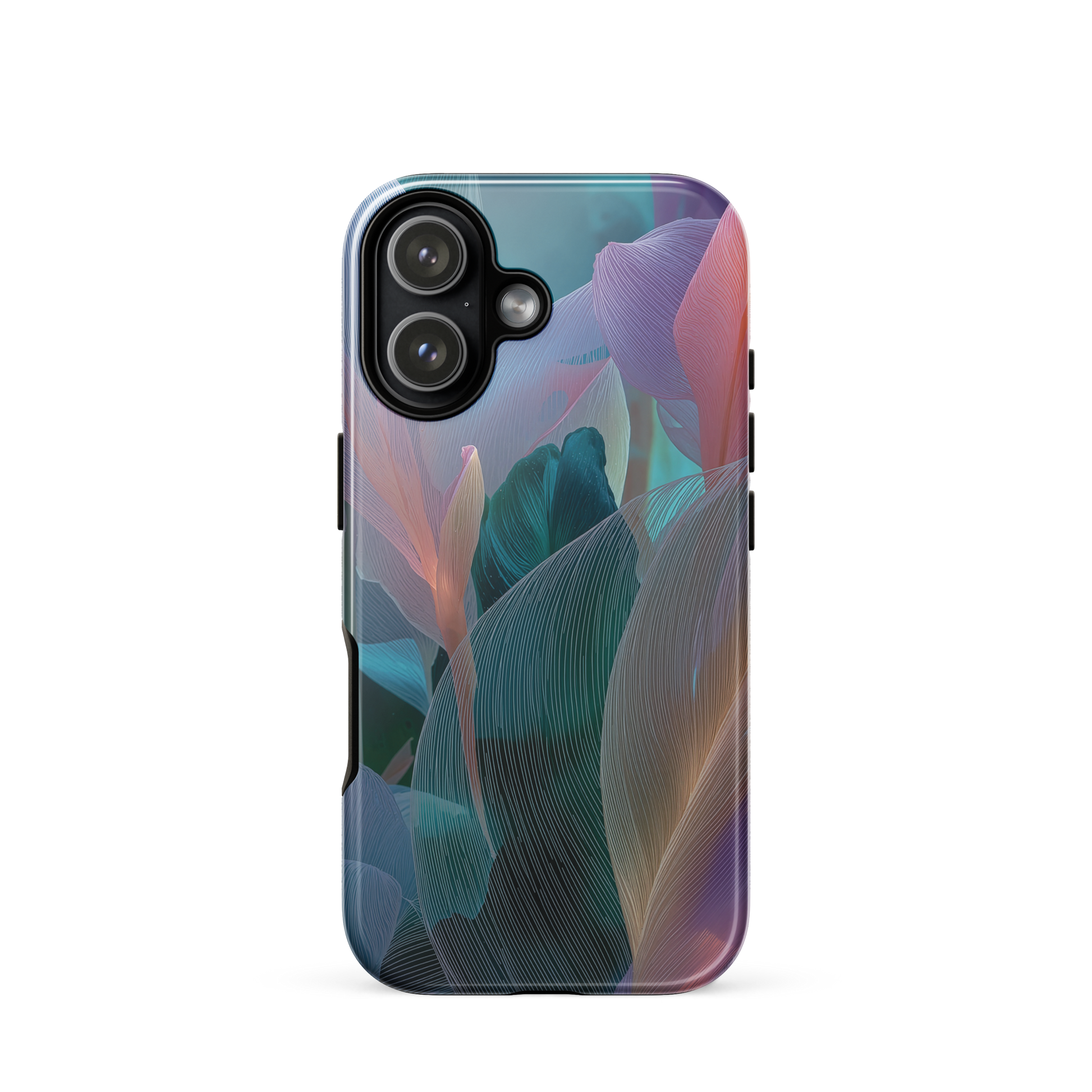 Abstract pastel botanical designer phone case in pink, lilac and teal tones with soft flowing floral textures
