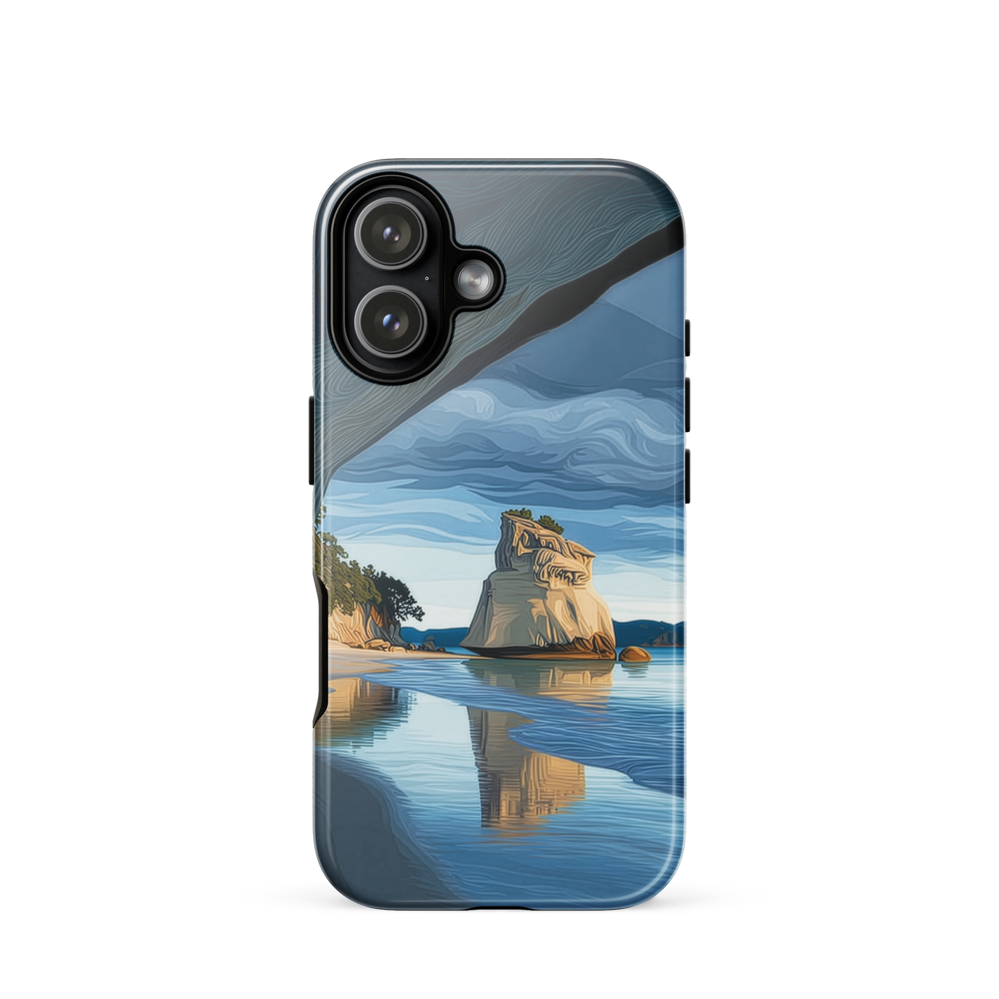 Artistic Cathedral Cove coastal designer phone case with arch rock, blue ocean and golden cliffs
