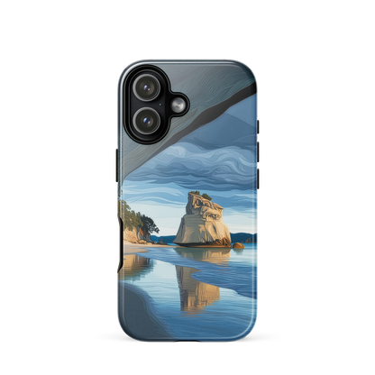 Artistic Cathedral Cove coastal designer phone case with arch rock, blue ocean and golden cliffs