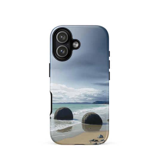 Moeraki Boulders coastal designer phone case with ocean waves and dramatic NZ sky