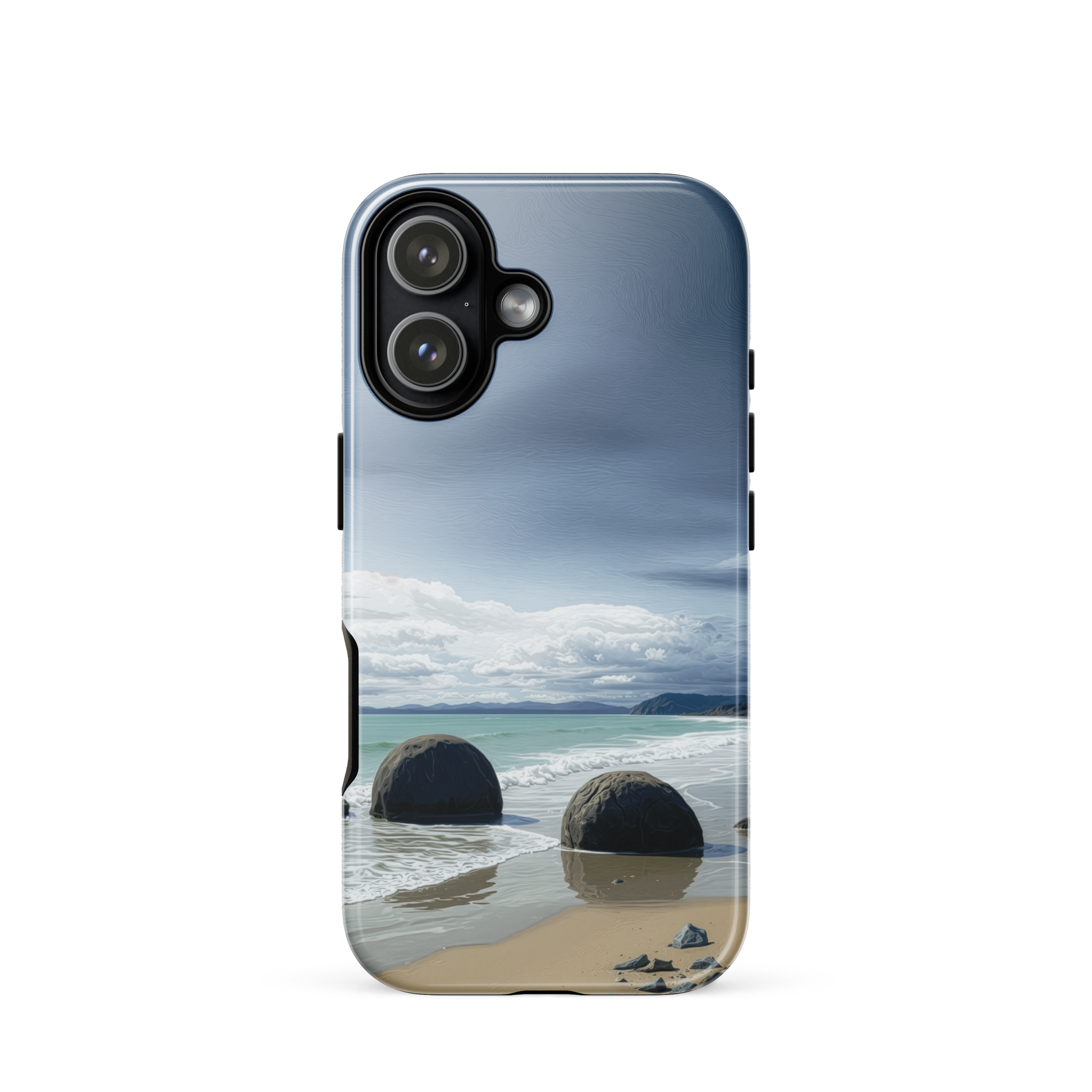 Moeraki Boulders coastal designer phone case with ocean waves and dramatic NZ sky
